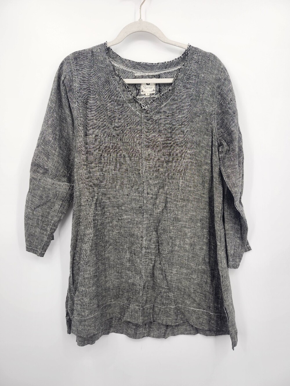 Namsar  100% linen Tunic Blouse size S Gray Lagenlook Casual V Neck Frayed Edge